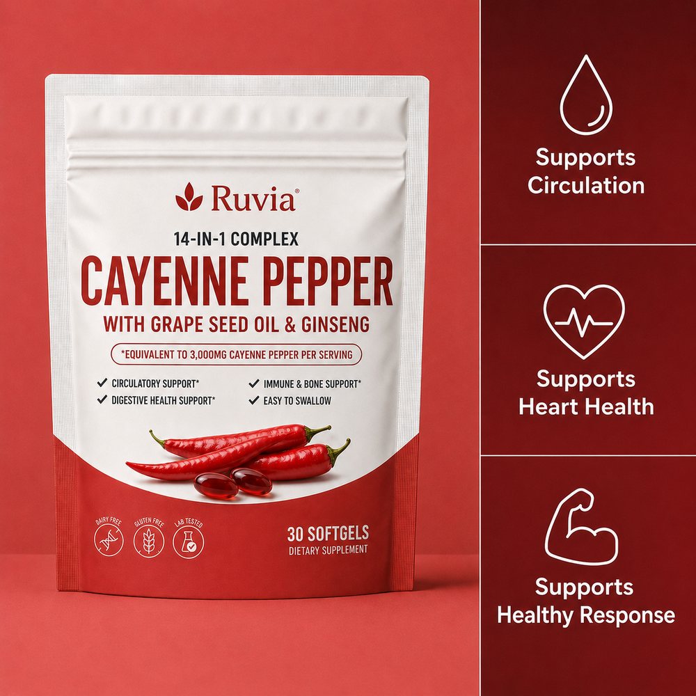 Ruvia pouch beside three support claims: supports circulation, supports heart health, supports healthy response