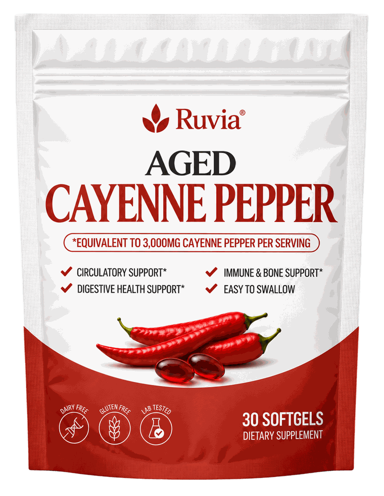 Ruvia 10-in-1 Complex Cayenne Pepper with grape seed oil and ginseng, pouch of 30 softgels
